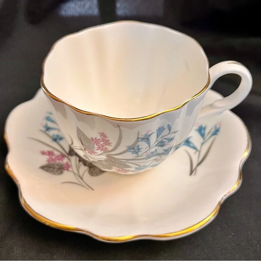 Vintage English Castle 22K Gold Trim Blue Lily Bone China Teacup Saucer Set Tea
